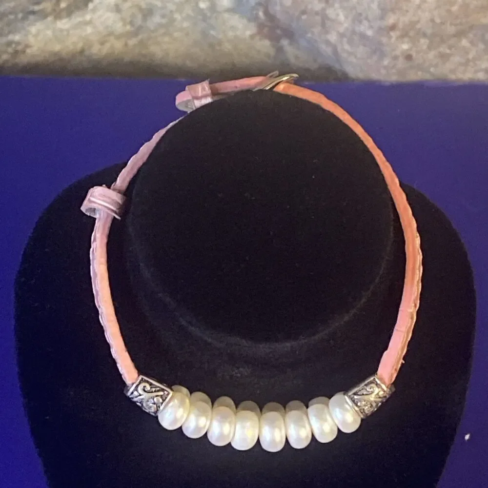 Honora Silver Pink Leather Cuff Bracelet White Freshwater Cultured Pearl